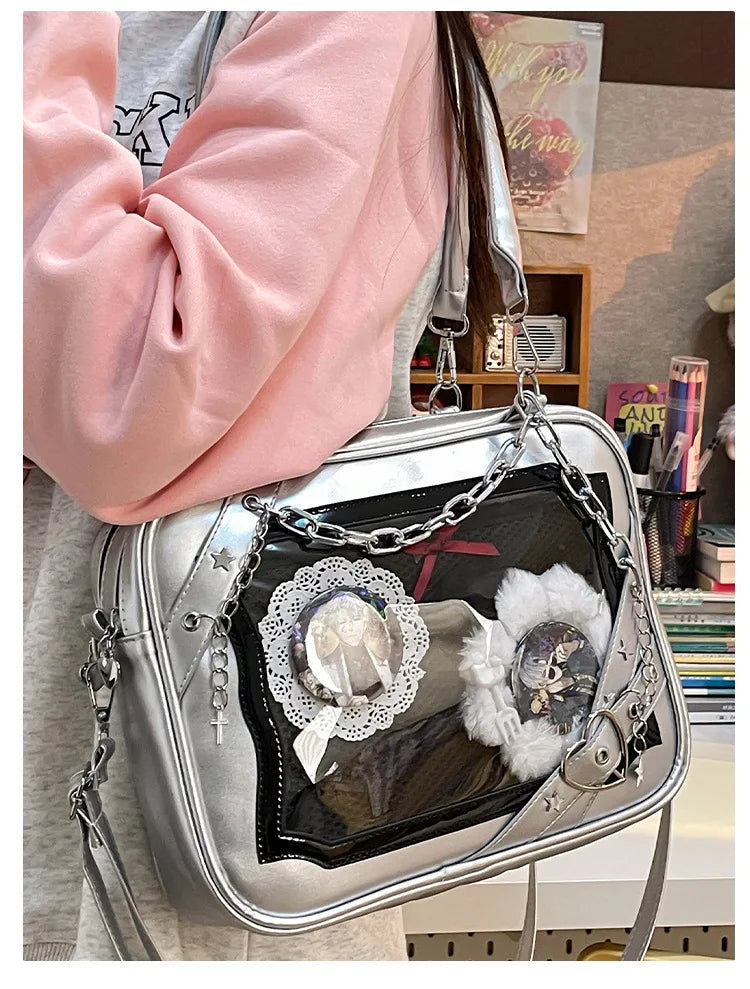 New Arrival Subculture Spicy Cool Girls Shoulder Bags Fashion Gothic Style PU Leather Ita Bags Pin Display Ita Crossbody Purse