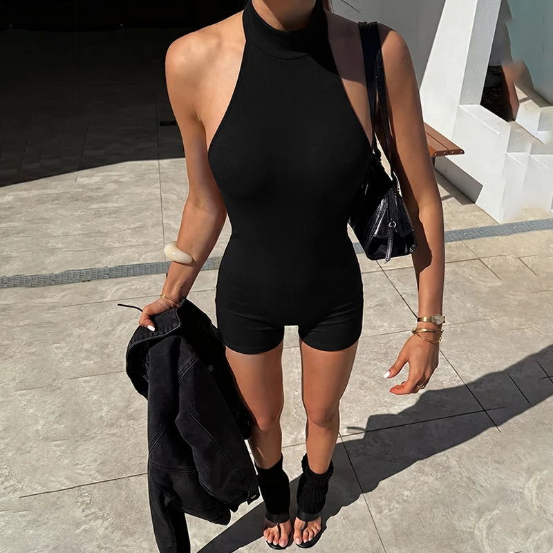 Hugcitar Women'S Fashion Ribbed Sleeveless Solid Backless Button Sexy Bodycon Playsuit Summer Romper Streetwear Holiday Club