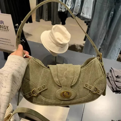 Y2k Vintage Shoulder Bag American Street Style Rivets Green Canvas Handbag Gothic Punk Biker Cool Designers Underarm Bag Handbag