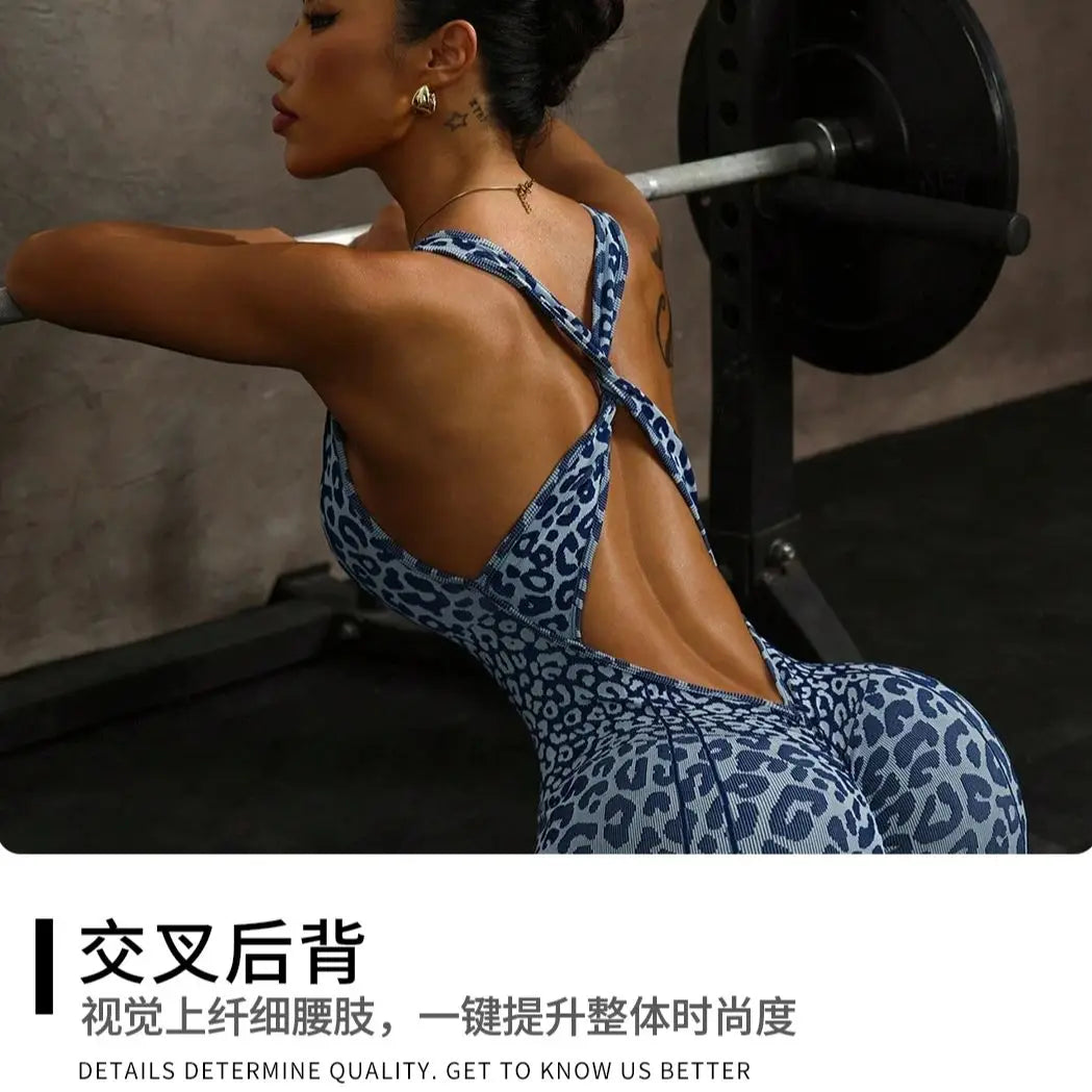 ZHEJIN Leopard Jumpsuit Women Backless Criss Cross Seamless Yoga Romper Scrunch Butt Lifting Workout Bodysuit Gym Fitness Wear