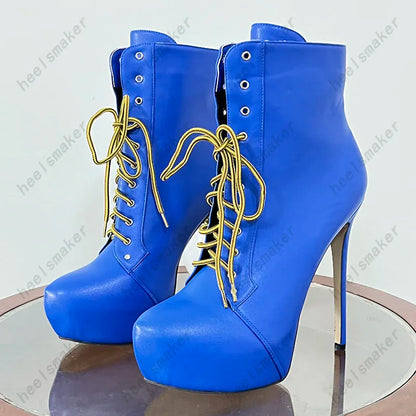 Sukeia Handmade Women Winter Ankle Boots Round Toe Sexy Stiletto Heels Pretty Blue Party Shoes Ladies US Plus Size 5-20