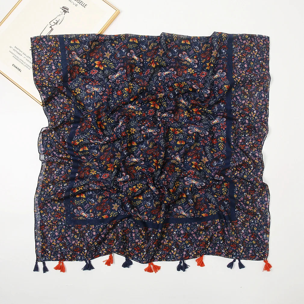 2025 Japanese Boho Linen Scarf: Vintage Floral Print Patchwork Shawl - Sun Protection Fringe Wrap Women