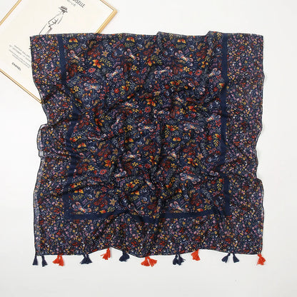 2025 Japanese Boho Linen Scarf: Vintage Floral Print Patchwork Shawl - Sun Protection Fringe Wrap Women