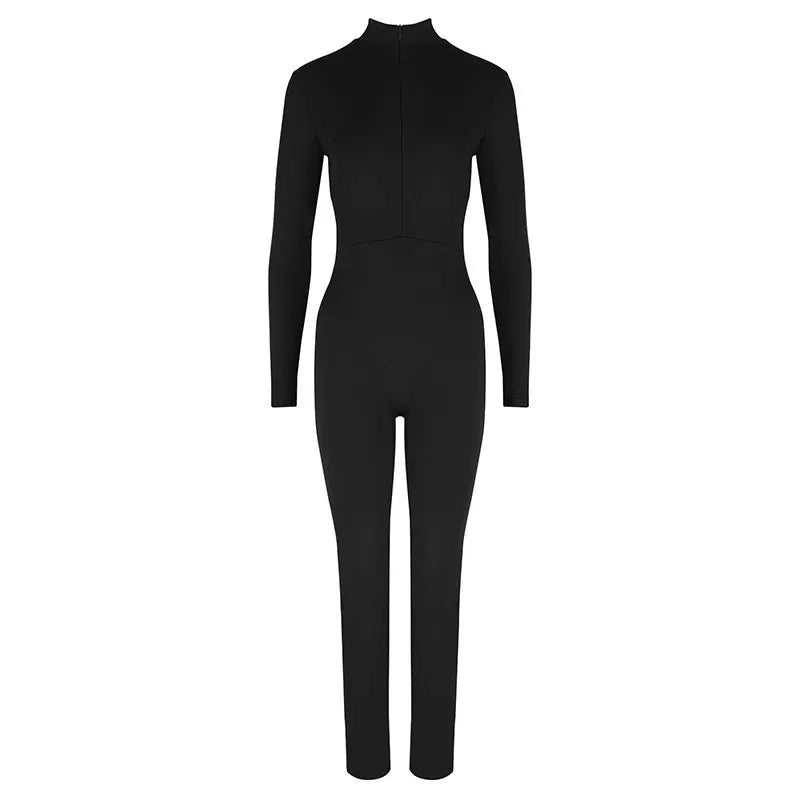 Autumn New Women's Jumpsuits Fashion Streetwear Long Sleeves Half High Collar Zippers Bodycon Rompers Black Sexy Lady Jumpsuits