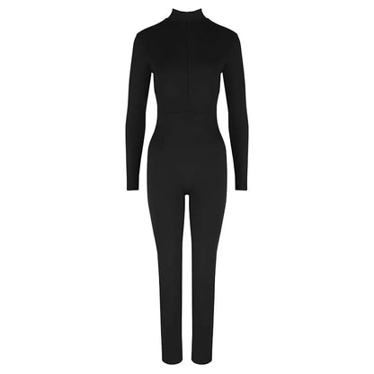 Autumn New Women's Jumpsuits Fashion Streetwear Long Sleeves Half High Collar Zippers Bodycon Rompers Black Sexy Lady Jumpsuits