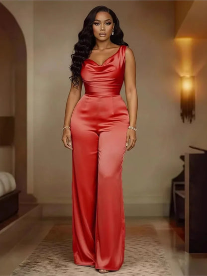 New Satin Jumpsuit Sleeveless Swing Collar Waist Wide Leg Pants Women's Jumpsuit Summer Fashion Elegant Casual Solid Jumpsuits
