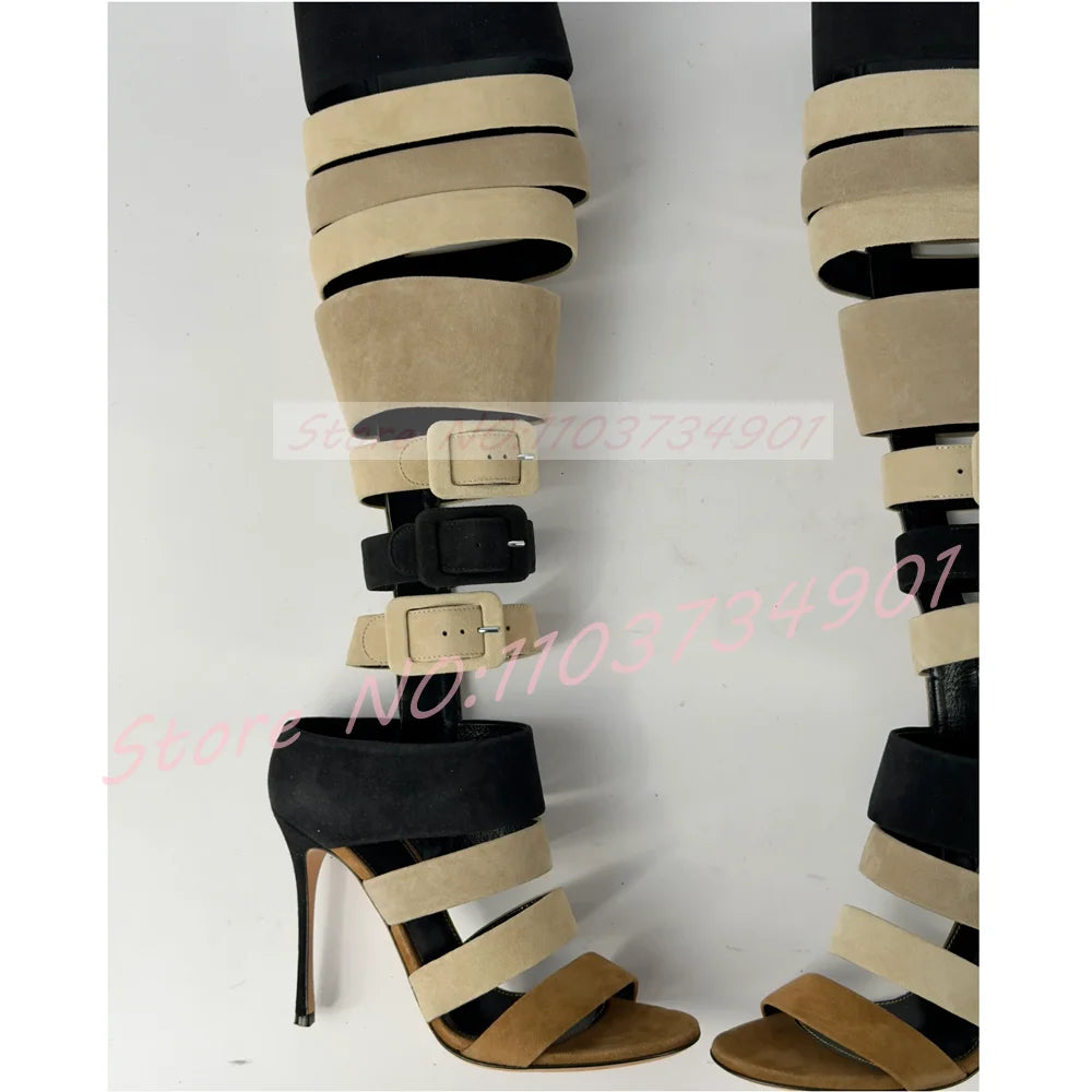 Cutout Gladiator Sandals Women Grey Suede Mixed Colors Zipper Buckle Open Toe High Heels Sandals Female Fashion Stiletto Wear