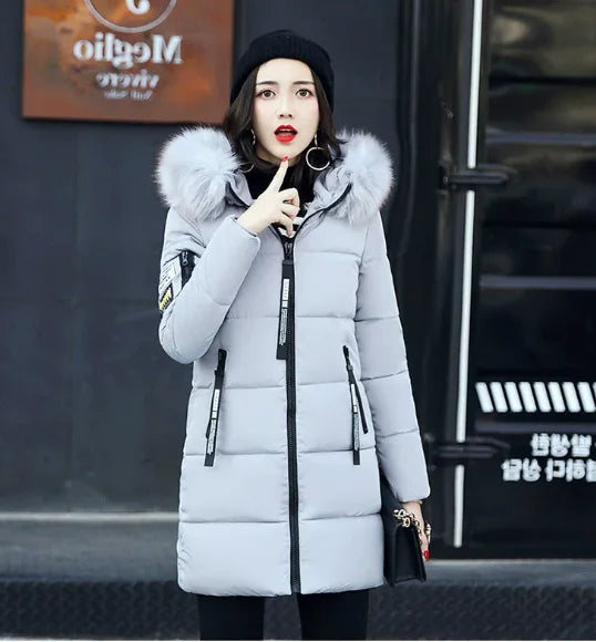 Women Winter Fur Collar Hooded Parka Coats Fashion Letter Patch Zipper Long Jacket Elegant Slim Warm Thick Female Snow Outerwear