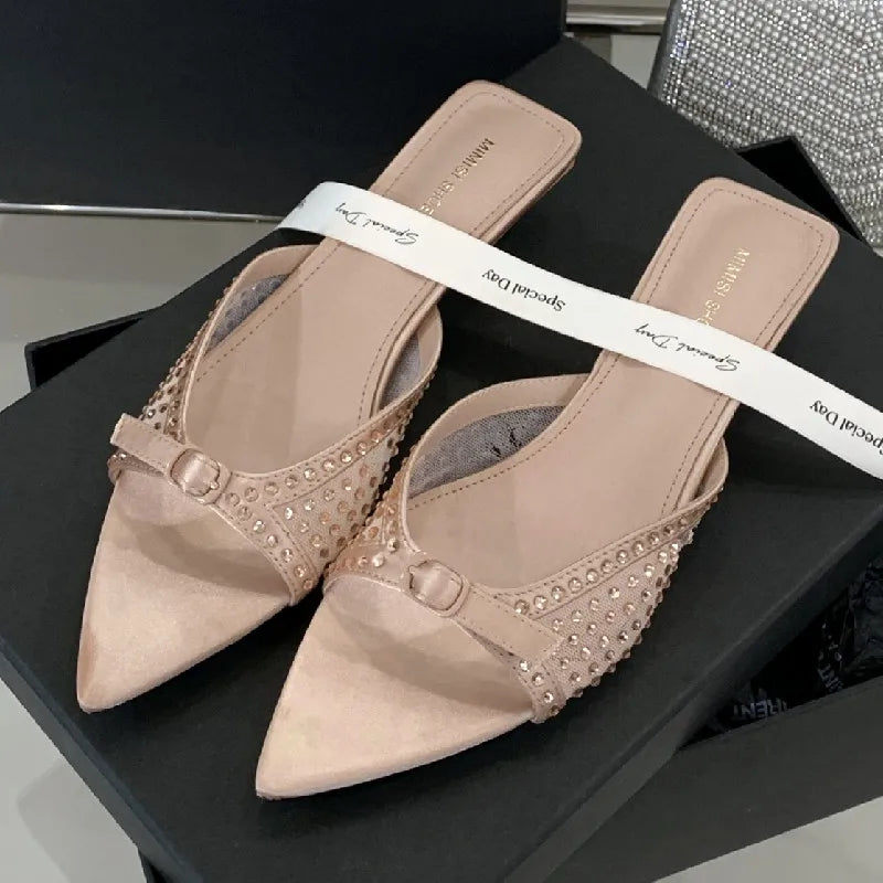 Luxury Rhinestone Mesh Kitten Heel Slippers Women Summer Sexy Pointed Toe Backless Slide Sandals Fashion Brand Designer Shoes