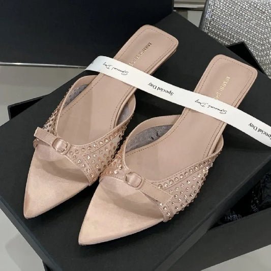 Luxury Rhinestone Mesh Kitten Heel Slippers Women Summer Sexy Pointed Toe Backless Slide Sandals Fashion Brand Designer Shoes