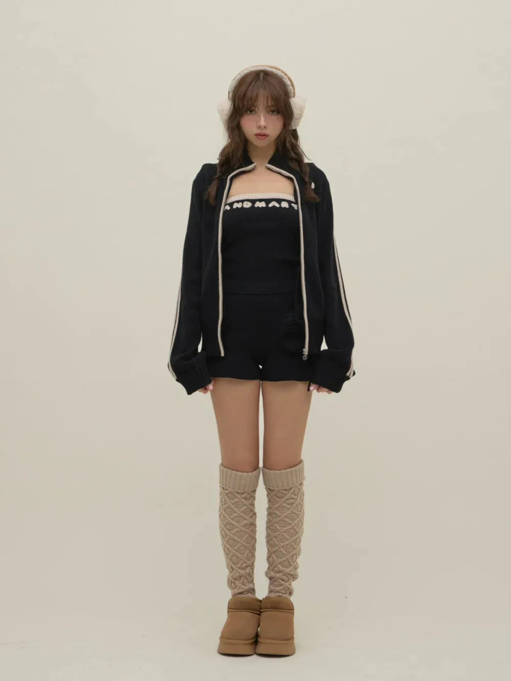 Japanese Spring Autumn 3-piece Set Sweet Striped Zipper Cardigan Tube Top High Waist Shorts Set Y2K Street Style Casual Wear