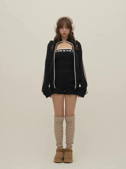 Japanese Spring Autumn 3-piece Set Sweet Striped Zipper Cardigan Tube Top High Waist Shorts Set Y2K Street Style Casual Wear