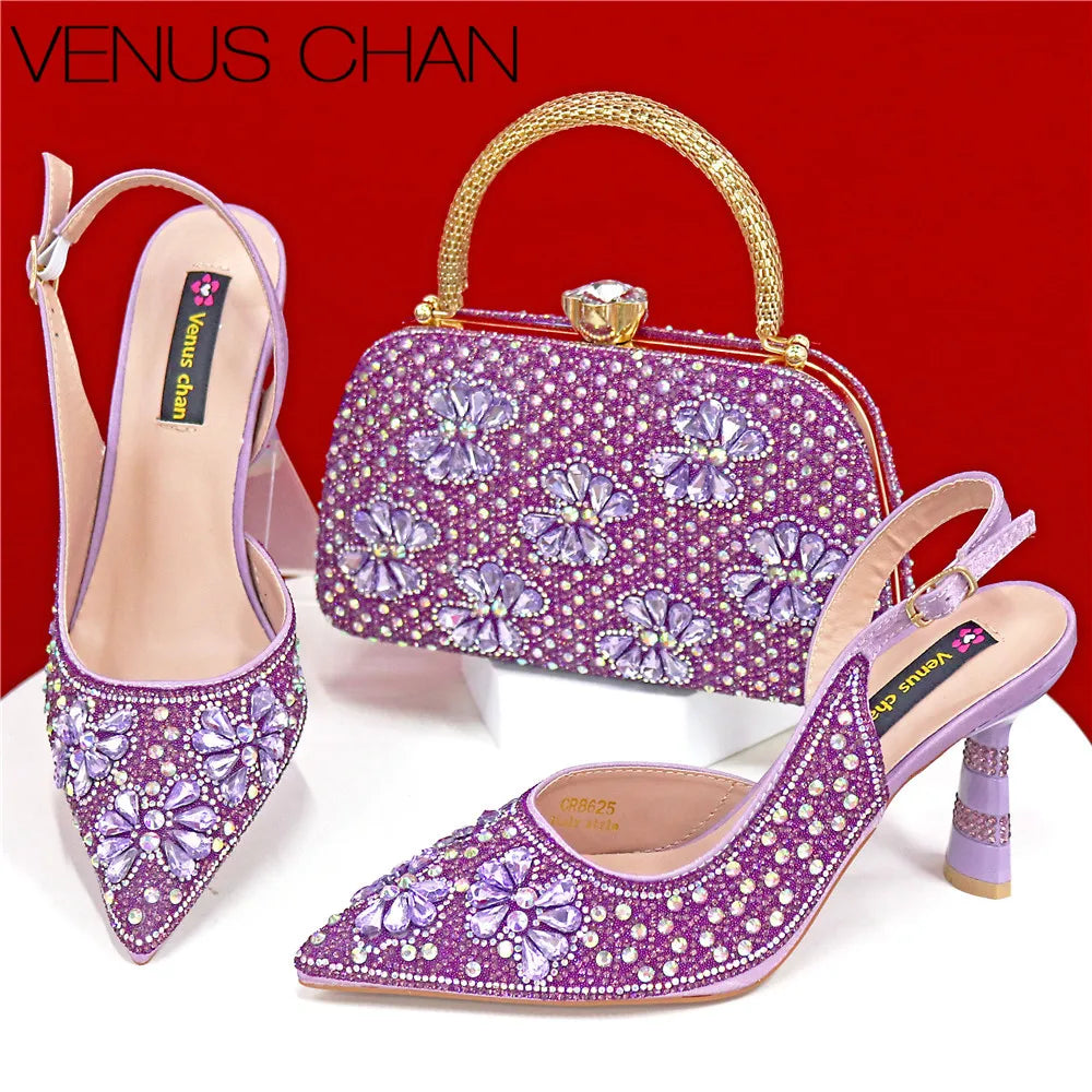 Luxury Handmade Flowers Shoes and Clutch for Women- Nigerian Style Elegant Crystal Heels with Matching Evening Bags