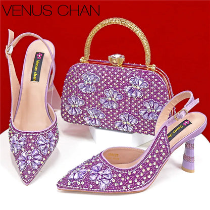 Luxury Handmade Flowers Shoes and Clutch for Women- Nigerian Style Elegant Crystal Heels with Matching Evening Bags