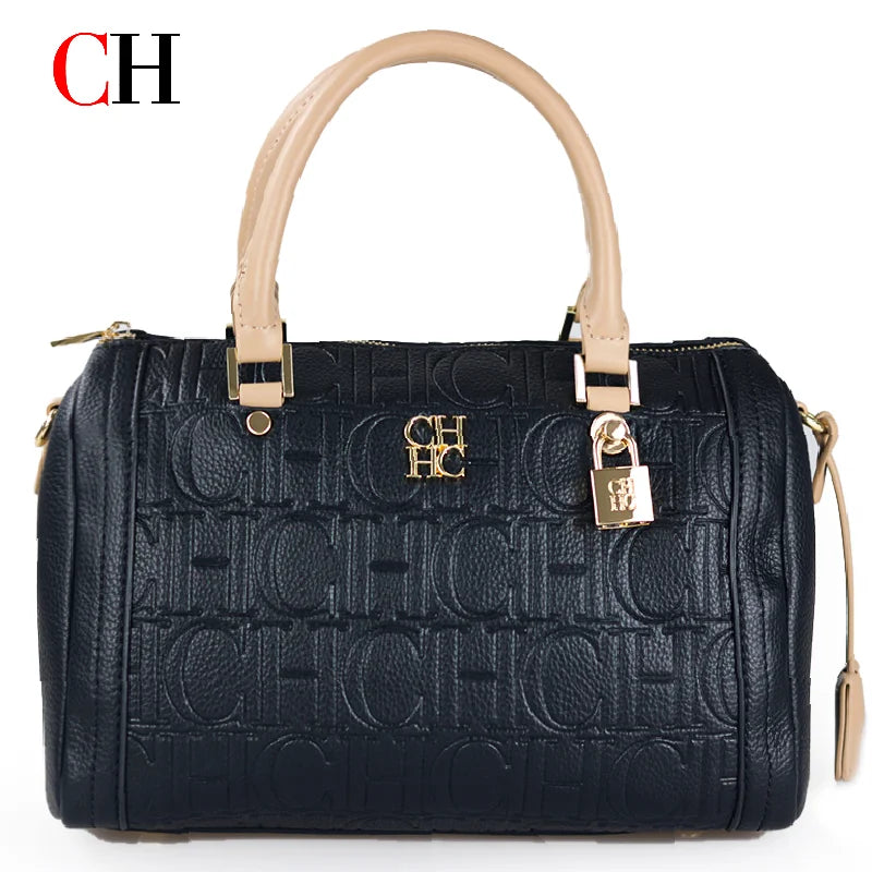CH Boston Bag Women Metal Lock Handbag Double Top Handle Detachable Crossbody Strap Daily Travel Ladies Shoulder Purse