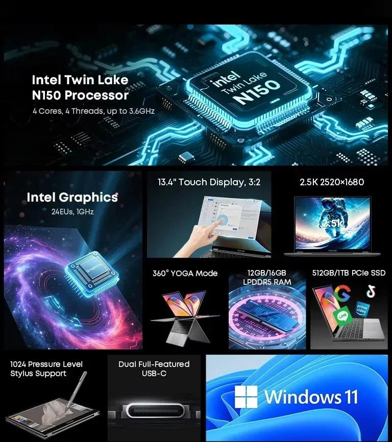 CHUWI FreeBook 2-in-1 Laptop IntelN150 13.4'' Touch 2.5K Screen 16GB LPDDR5 RAM 512GB SSD WiFi6 BT5.2 Convenient Office Notebook