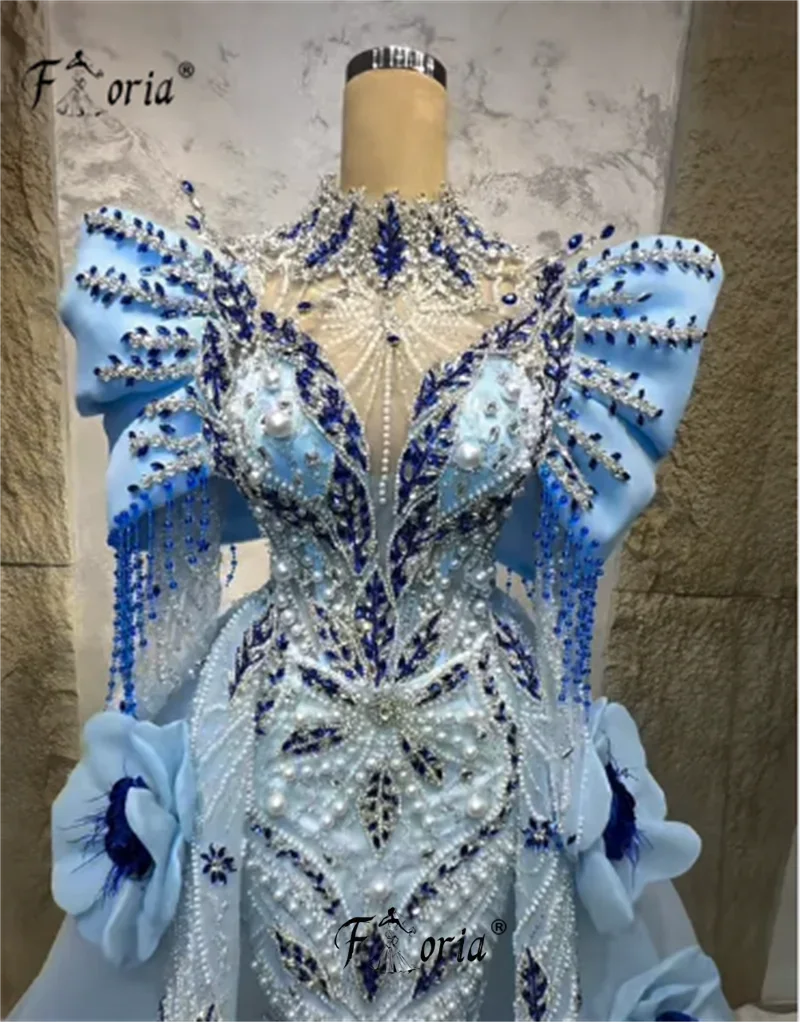 Exquisite Beads Pearl Women's Evening Dresses with Detachable Train Blue Dubai 3D Flowers Appliques Wedding Gowns Couture Party