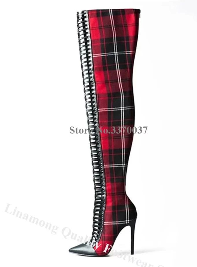 Red Plaid Short Boots Linamong Pointed Toe Cut-out Checkered Stiletto Heel Lace-up Ankle Booties Sexy Slim Dress Heels