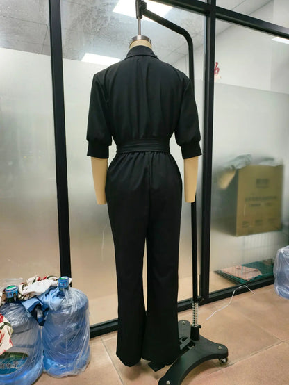 Women's Mid-sleeve Shirts Jumpsuits Spring Summer New 2026 New Fashion Elegant Waisted Lace-up Wide-leg Trousers Female Rompers