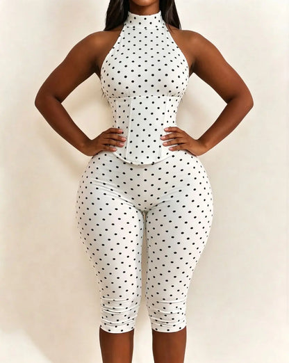 FAGADOER Cute Polka Dot Bodycon Rompers Hot Girl Streetwear Lace Up Bandage Corset Halter Jumpsuits Summer Night Club Playsuits