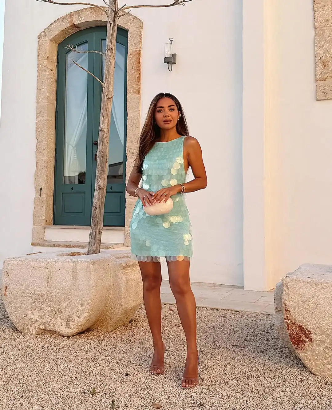 Women's 2026 Light Blue Halter Sequin Dress Sleeveless Loose Large Sequin A-Line Mini Dress Summer Evening Party Shining Gown