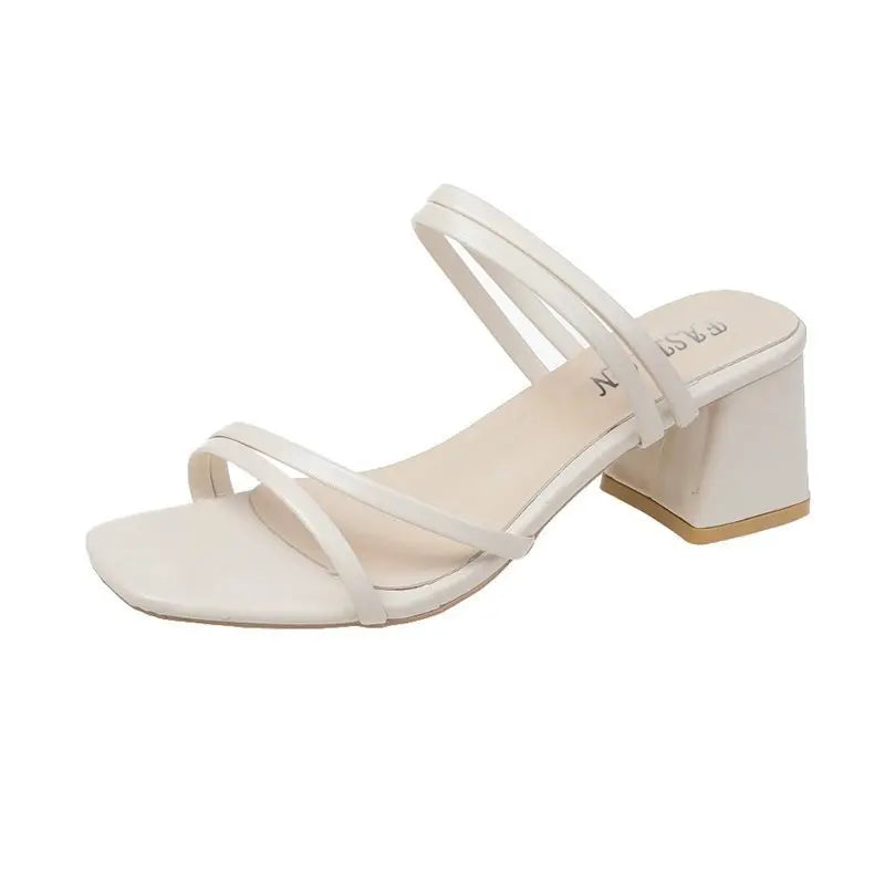 Women Sandals Ladies Square Heels Elegant Summer Slippers Outside Cross Tied Leather Female Slides 2025 Fashion Woman Sandals