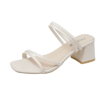 Women Sandals Ladies Square Heels Elegant Summer Slippers Outside Cross Tied Leather Female Slides 2025 Fashion Woman Sandals