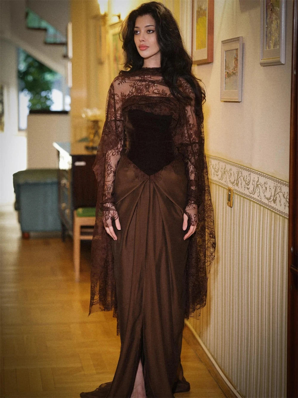 Sansa Customized Brown Front Split Trumpet Side Split Prom Dress Pleats With Shawl Vestidos De Noche Floor-Length Formal Evening