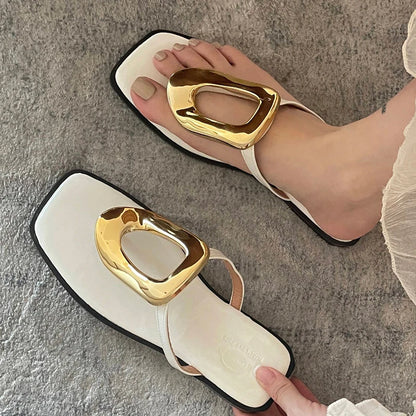 New In 2025 Luxury Women Slippers Summer Beach Fashion Metal Flip Flops Female Slides Slippers Ladies Flats Sandals Shoes