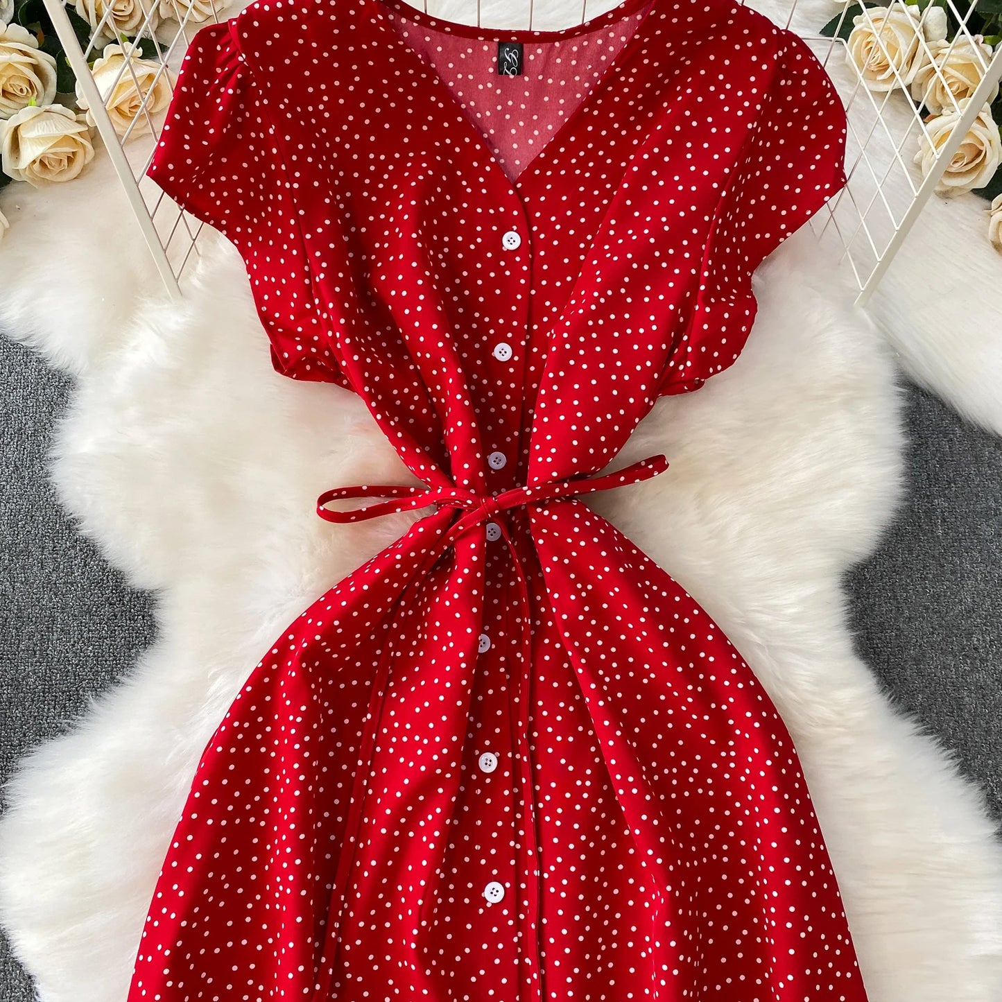 Summer Women Polka Dot Long Dress Vintage V-Neck Flying Sleeve High Waist Single Breasted A-Line Casual Vestidos Female Robe New