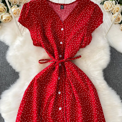 Summer Women Polka Dot Long Dress Vintage V-Neck Flying Sleeve High Waist Single Breasted A-Line Casual Vestidos Female Robe New