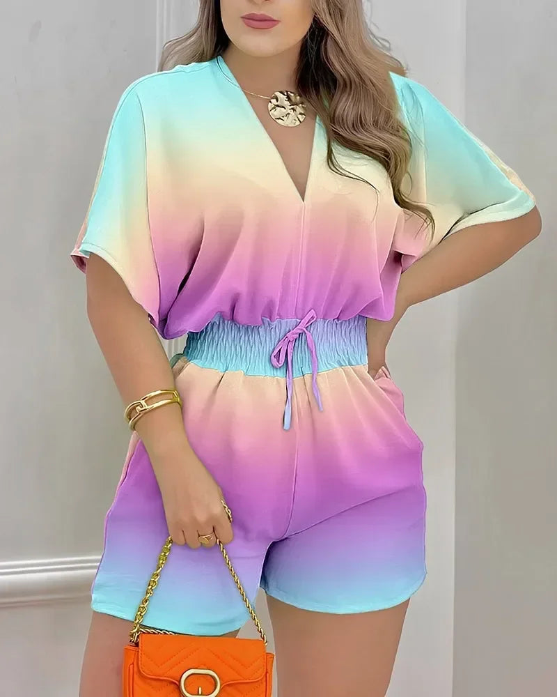 Rompers Elegant Women Short Sleeves Jumpsuits 2024 Summer Female Overalls Loose Casual Print Waist Wrapped One Piece Shorts