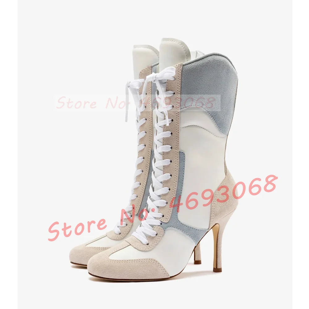 Grey White Splicing Suede Sneaker Boots Women Chic Round Toe Mixed Color High Heels Shoes Women Newest Lace Up Party Ankle Boots