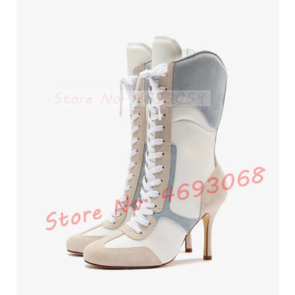 Grey White Splicing Suede Sneaker Boots Women Chic Round Toe Mixed Color High Heels Shoes Women Newest Lace Up Party Ankle Boots
