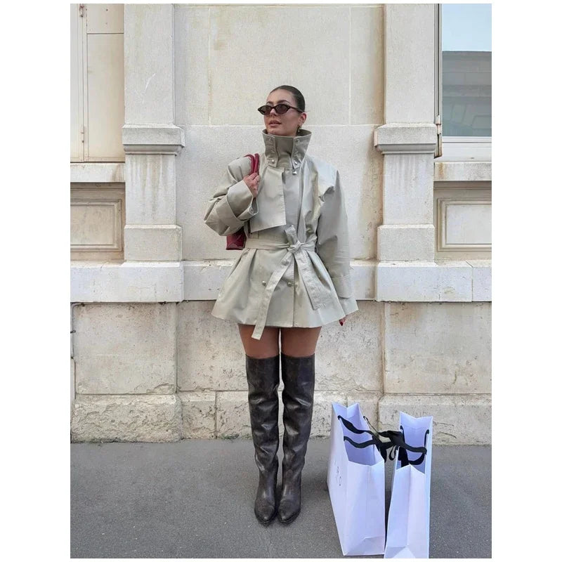 Fashion Stand Collar Short Trench Coat Women Solid Double-breasted Belt Jacket 2026 Autumn Lady Commuting Casual Outwear