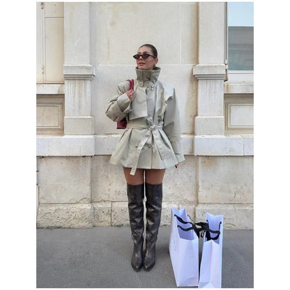 Fashion Stand Collar Short Trench Coat Women Solid Double-breasted Belt Jacket 2026 Autumn Lady Commuting Casual Outwear