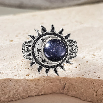 925 Sterling Silver Natural Moonstone Ring 8MM Bohemian Star Sun Moon Shape Ring Gothic Punk Style Party Gift for Women Men