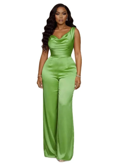 New Satin Jumpsuit Sleeveless Swing Collar Waist Wide Leg Pants Women's Jumpsuit Summer Fashion Elegant Casual Solid Jumpsuits