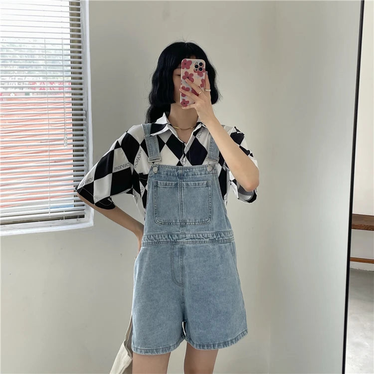 Women's Denim Overalls Short Trousers Wide Leg Loose Fit Thin Jumpsuit Korean Style for Petite Ladies Casual Clothing
