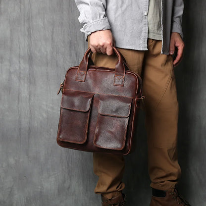 NZPJ New Retro Leather Men's Handbag Top Layer Cowhide Vertical Single Shoulder Messenger Bag Postman Briefcase Computer Bag