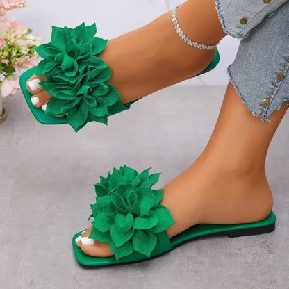 Women Flat Slippers 2026 Summer New Solid Color Sandals Flowers Open Toes Slippers Casual Fashionable Beach Shoes Slides Women