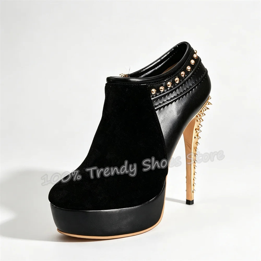 Gold Spikes Rivet Stiletto High Heel Ankle Boots Women Platform Faux Suede Patchwork Side Zipper Short Boots Plus Size 34-46