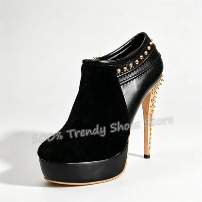 Gold Spikes Rivet Stiletto High Heel Ankle Boots Women Platform Faux Suede Patchwork Side Zipper Short Boots Plus Size 34-46