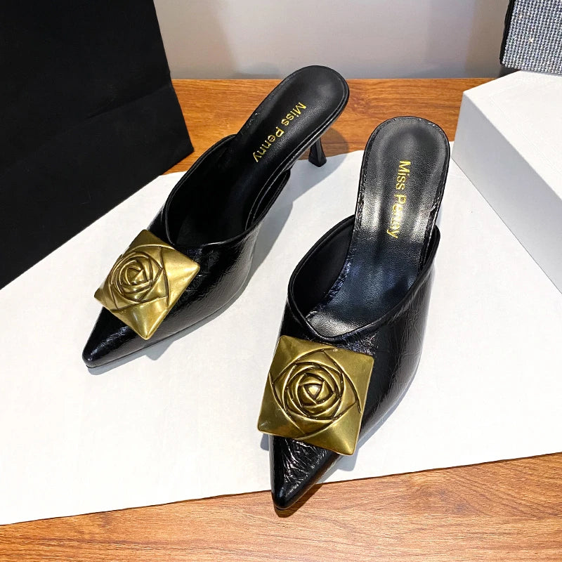 Women High Heels Slippers Summer New Luxury Fashion Gold Flower Decoration Modren Sandals Ladies Pointed Toe Mules Shoes Slides