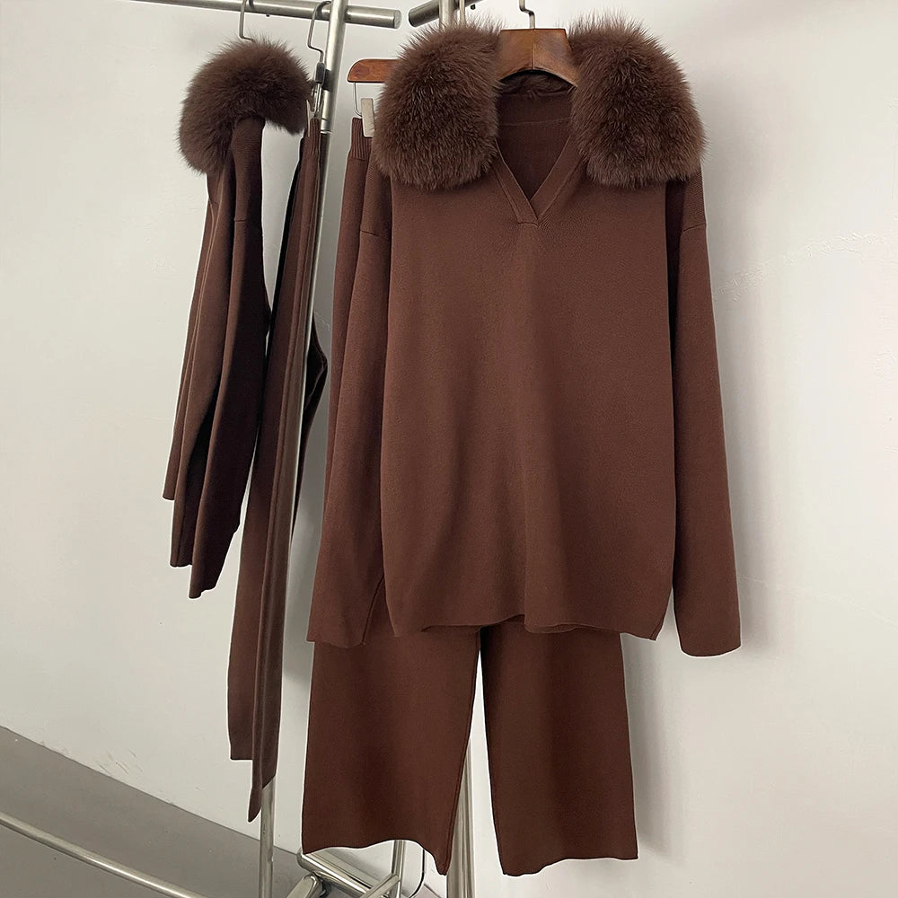 Reality Fur Jacket Pullover Set Woman Spring Knitted Suit Knitwear Female Real Fox Fur Collar Sweater Lady Autumn Knitted New