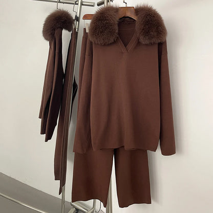 Reality Fur Jacket Pullover Set Woman Spring Knitted Suit Knitwear Female Real Fox Fur Collar Sweater Lady Autumn Knitted New