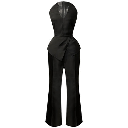 Summer Vacation Women V-neck Sleeveless Jumpsuit Office Lady Black Rompers Layered Bodysuit for Rave Work Party Daily Wear Club