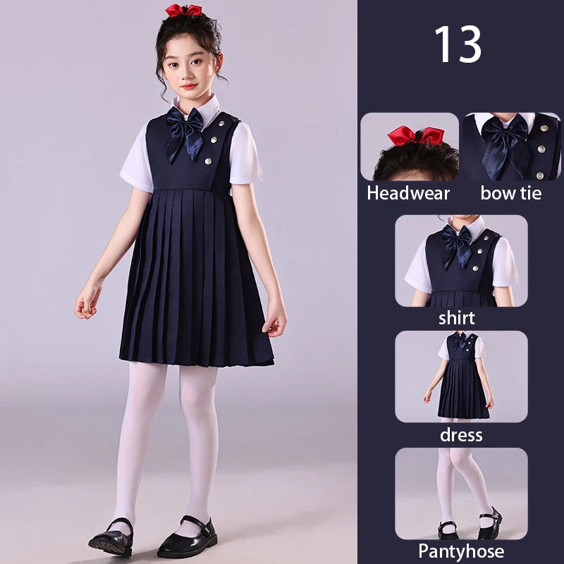 Girls Preppy Style Pleated Jumper Dress Headdress + Bow Tie Pants Suit Children Choir Poetry Performance Fashion School Uniform