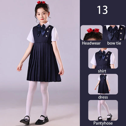 Girls Preppy Style Pleated Jumper Dress Headdress + Bow Tie Pants Suit Children Choir Poetry Performance Fashion School Uniform