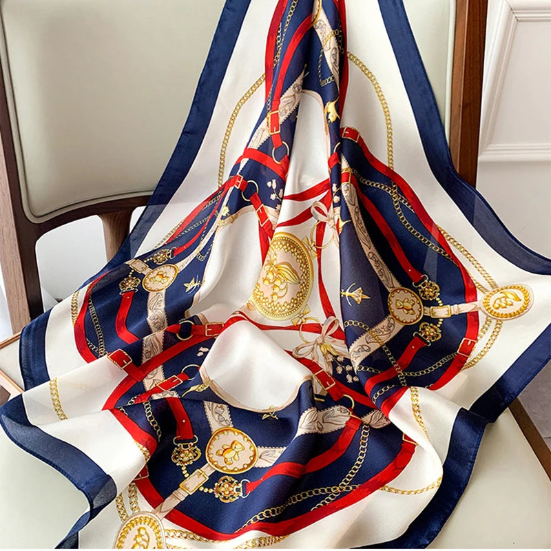 1pcs 70cm Roman Chain Silk Scarf for Women Simulated Silk Geometric Round Fashion Versatile Headwear Clothing Square Scarf
